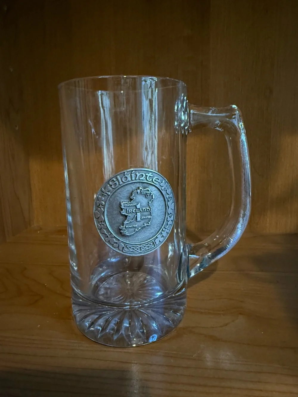 Clear‎ Glass Irish Beer Stein Mug with Pewter Crest Vintage